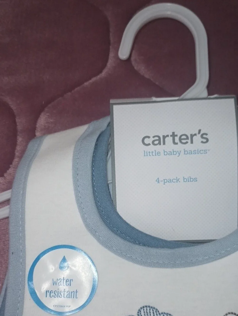 Carter's White Bibs with Light Blue Trim and Hippo/Turtle Design (4-Pack)
